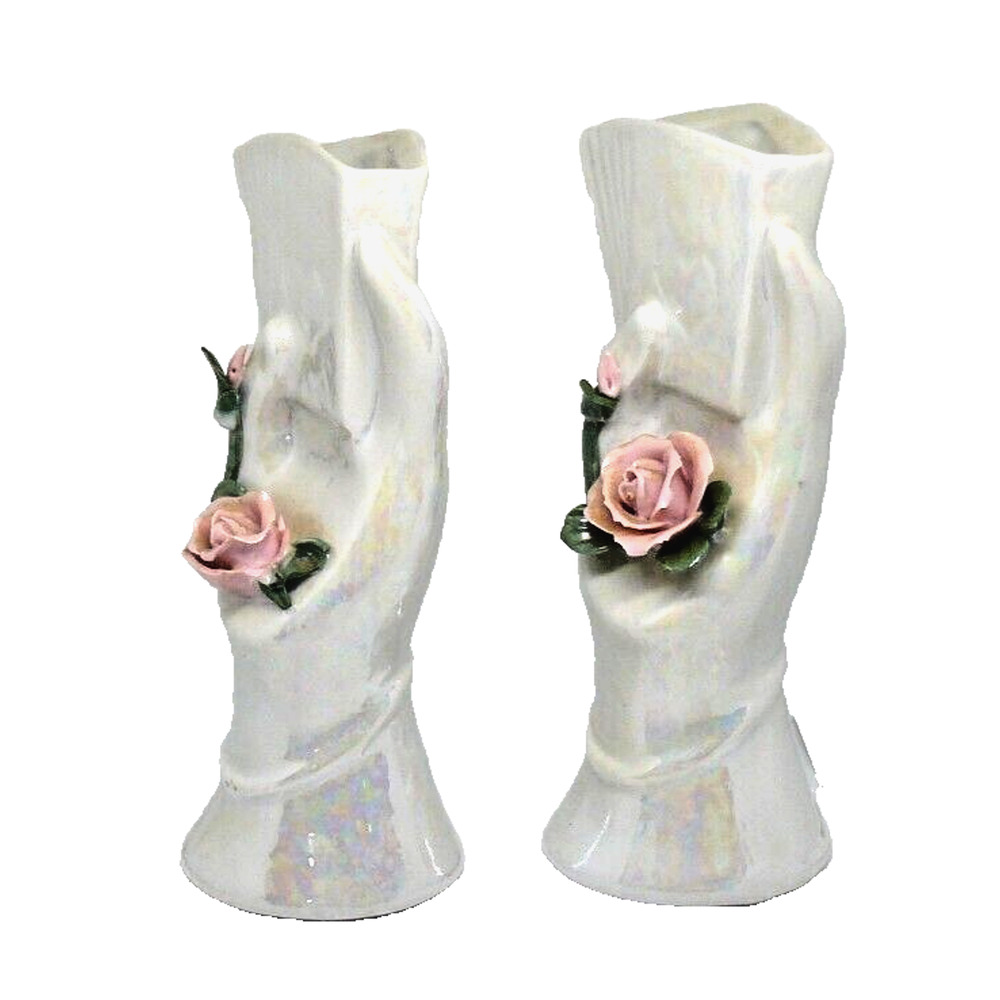 Set of 2 Opalescent Hand Vases Holding Cards Decorated w 3D Pink Roses VTG See